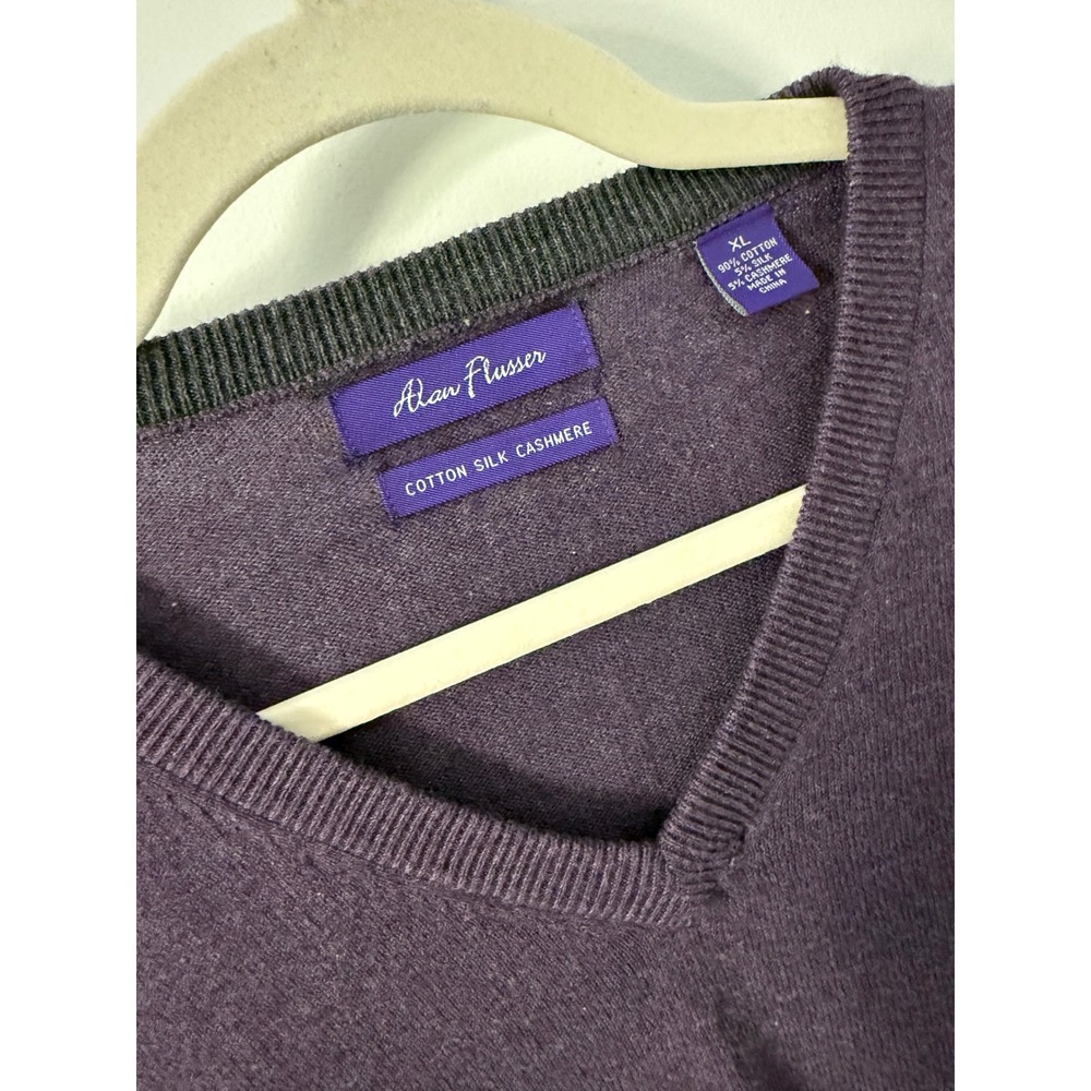 Alan Flusser Mens XL Purple Cotton Silk Cashmere V-Neck Sweater Heather Knit